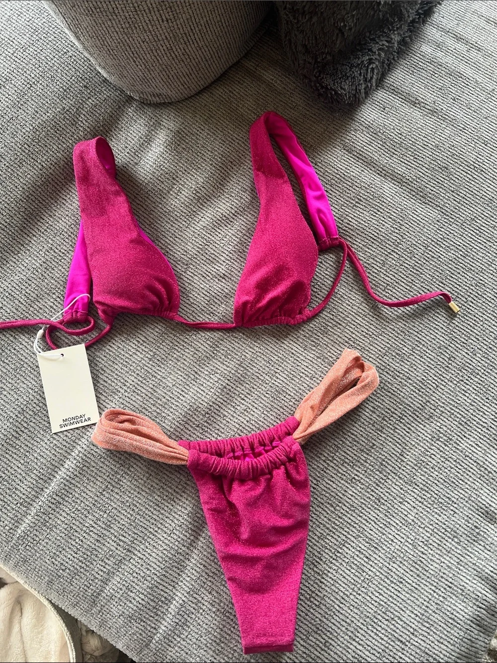 NWT Monday Swimwear Palm Spring Fuchsia Pink & Peach Shimmer Bikini